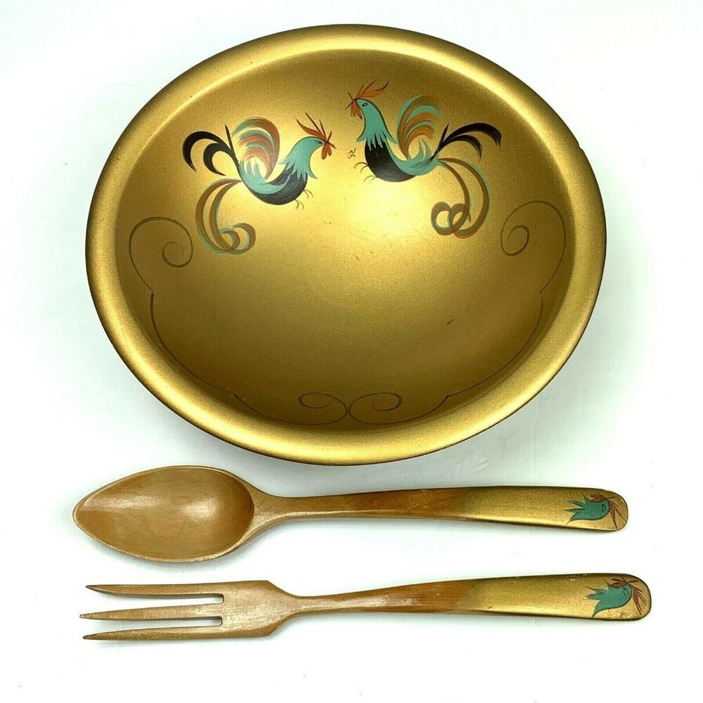 Vintage Wood Serving Bowl Utensils Footed Gold Rooster Hand Painted Rio Grande